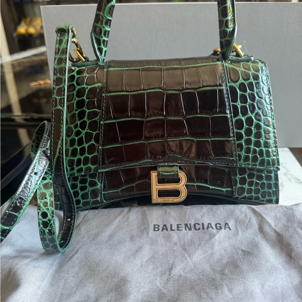 Balenciaga Black and Green Crocodile Satchel